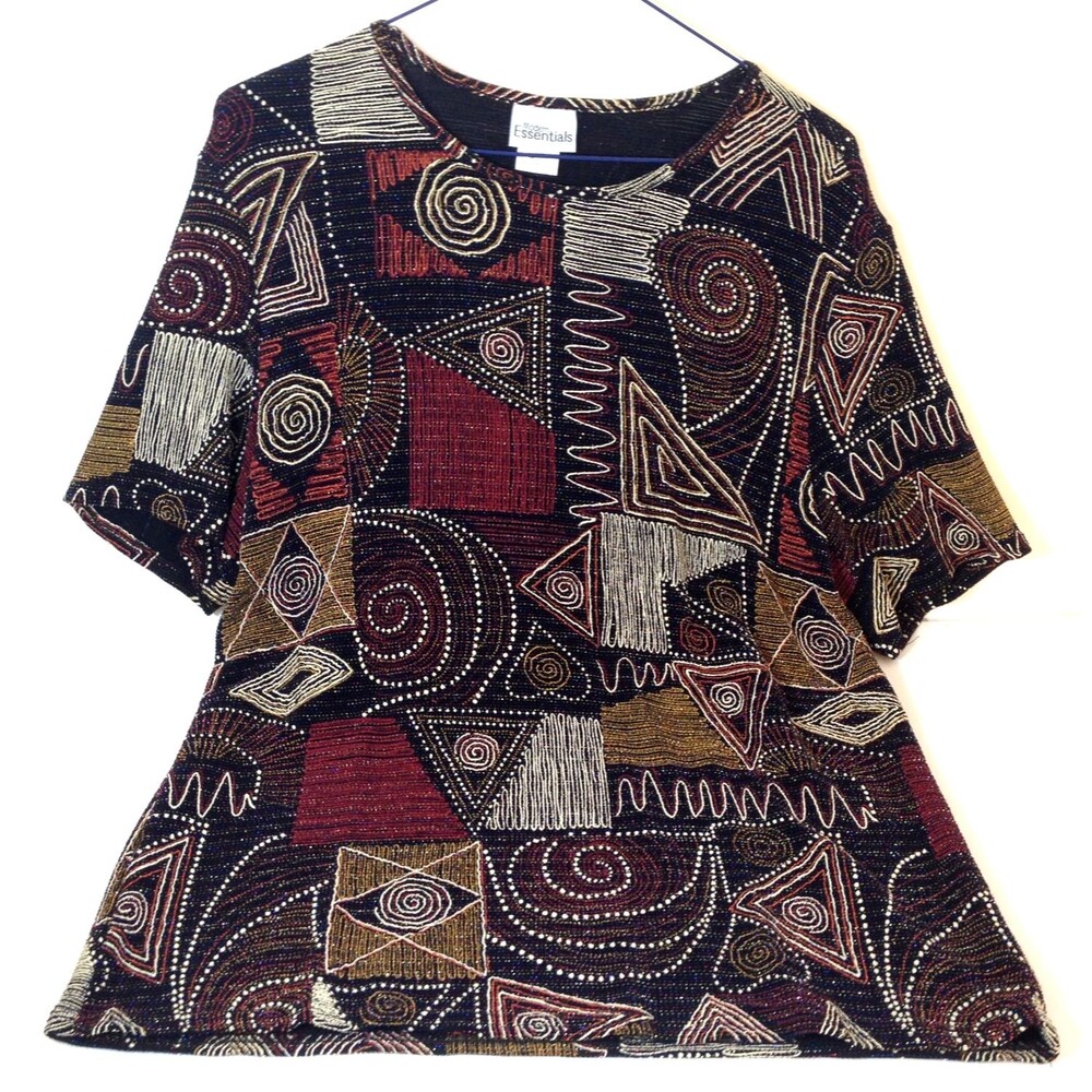Vintage Modern Essentials Metallic Short Sleeve Stretch Blouse Size L USA Made